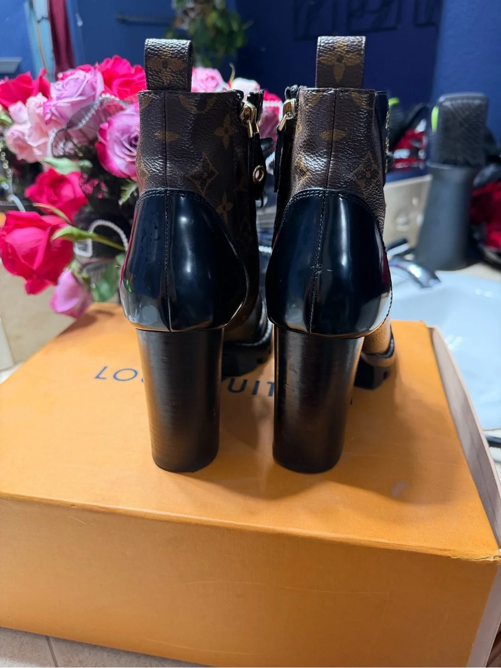 Louis Vuitton Black and Brown Monogram Lace-Up Platform Boots